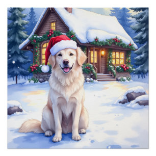 Great Pyrenees Snowy Mountain Lodge Santa Hat Poster