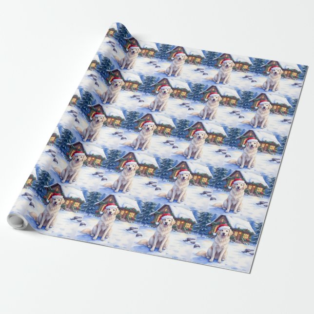 Great Pyrenees Snowy Mountain Lodge Santa Hat Wrapping Paper (Unrolled)