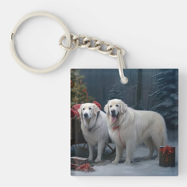 Great Pyrenees Snowy Sleigh Christmas Decor Key Ring (Front)