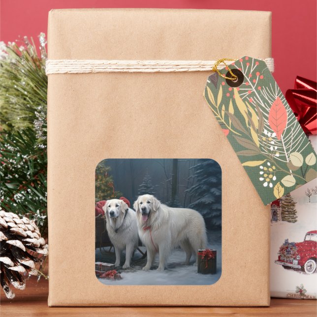 Great Pyrenees Snowy Sleigh Christmas Decor Square Sticker (Holiday)