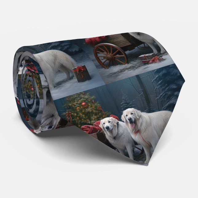 Great Pyrenees Snowy Sleigh Christmas Decor Tie (Rolled)