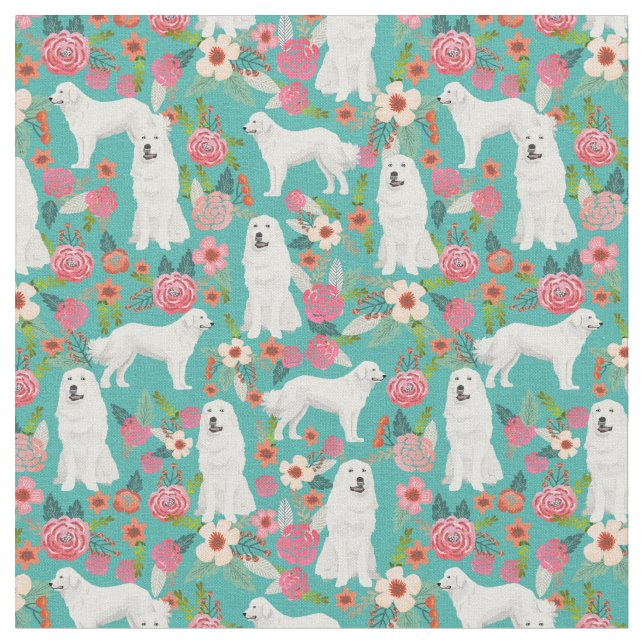 Great Pyrenees vintage florals turquoise Fabric (Close Up)