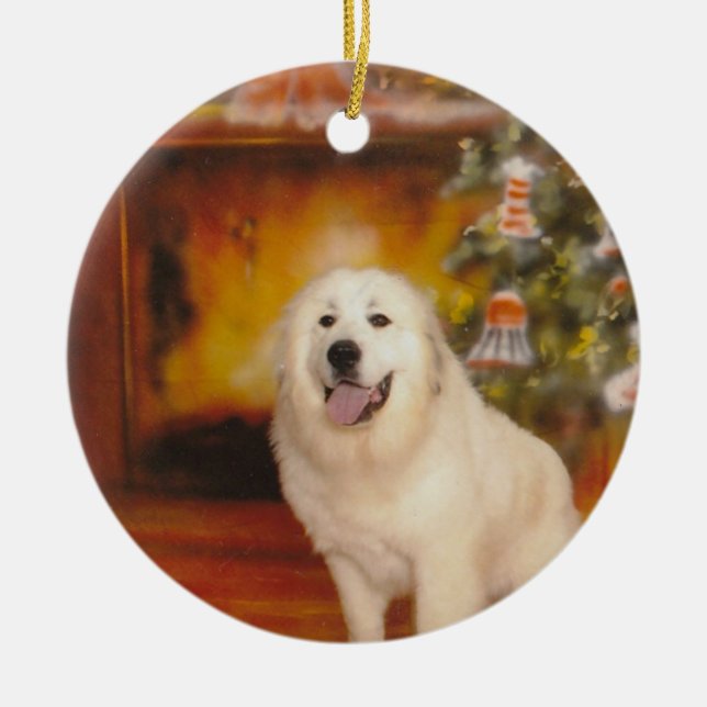 Great Pyrenees waiting on Santa Ceramic Tree Decoration (Front)