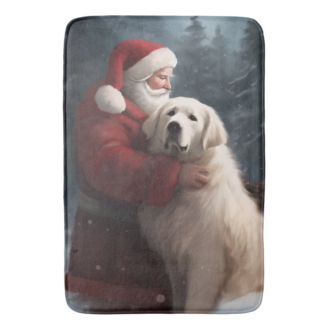Great Pyrenees With Santa Claus Festive Christmas Bath Mat (Front Vertical)