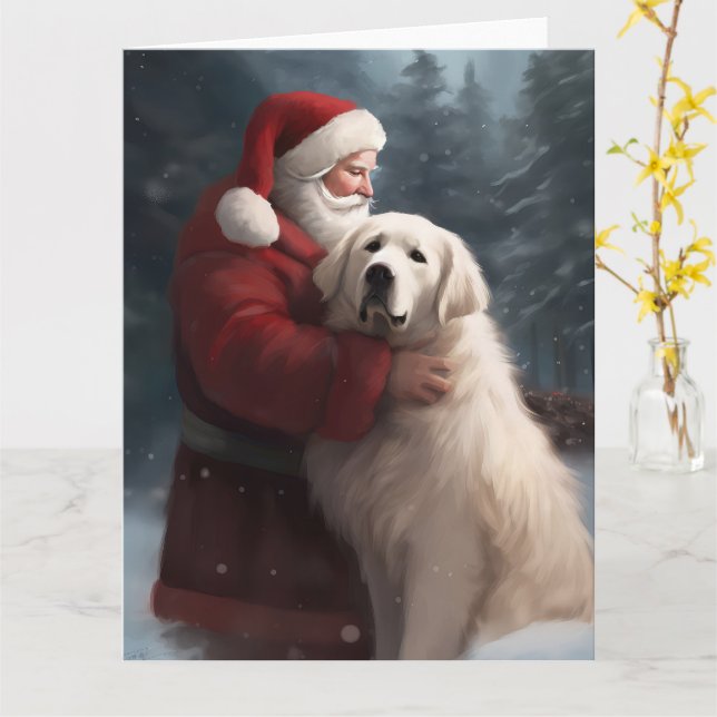 Great Pyrenees With Santa Claus Festive Christmas Card (Yellow Flower)