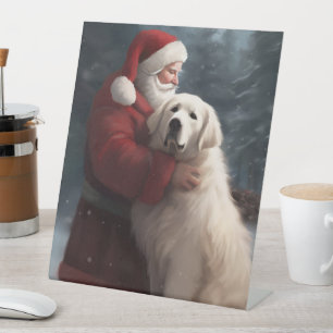 Great Pyrenees With Santa Claus Festive Christmas Pedestal Sign