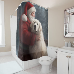 Great Pyrenees With Santa Claus Festive Christmas Shower Curtain