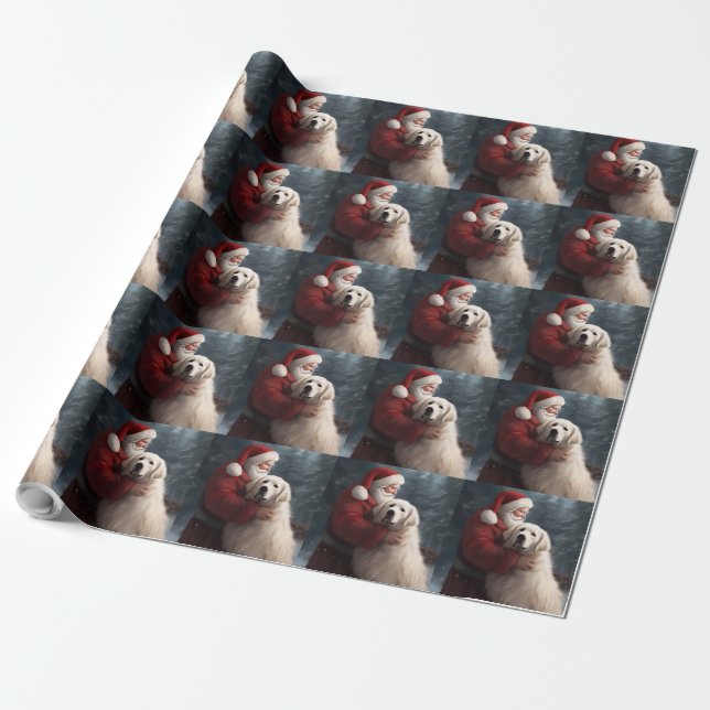 Great Pyrenees With Santa Claus Festive Christmas Wrapping Paper (Unrolled)