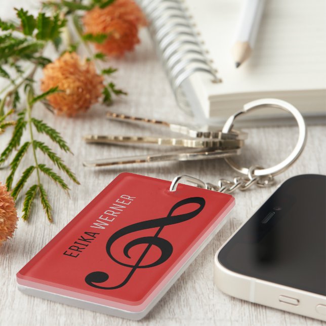 great red musical key-chain with name and initials key ring (Front Right)