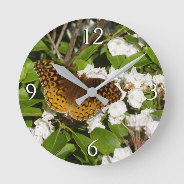 Great Spangled Fritillary on Mountain Laurel Round Clock (Front)