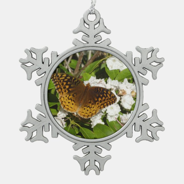 Great Spangled Fritillary on Mountain Laurel Snowflake Pewter Christmas Ornament (Front)