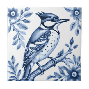 Great Spotted Woodpecker Bird Delft Blue and White Ceramic Tile