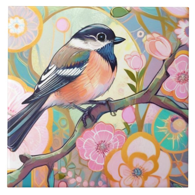 Great Tit Bird Chickadee Pink Flower Floral Ceramic Tile (Front)