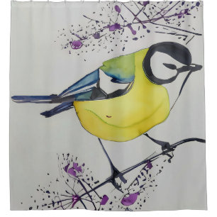 Great Tit Bird Drawing, Hand Drawn British Bird Shower Curtain