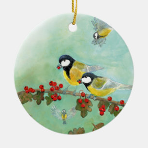 Great Tit Birds & Hawthorn Red Berries Ceramic Ornament
