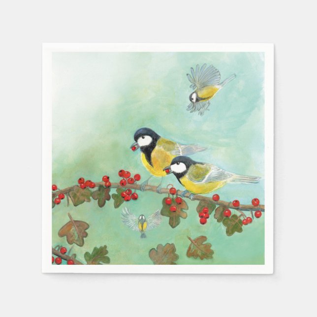 Great Tit Birds & Hawthorn Red Berries    Napkin (Front)