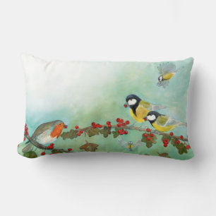 Great Tit Birds, Red Robin & Hawthorn Berries Lumbar Cushion