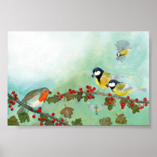 Great Tit Birds, Red Robin & Hawthorn Berries Poster