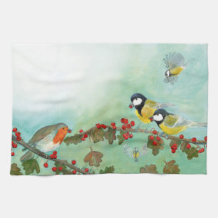 Great Tit Birds, Red Robin & Hawthorn Berries Tea Towel