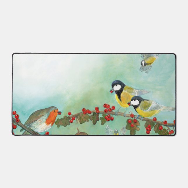 Great Tit Birds, Red Robin & Hawthorn  Desk Mat (Front)