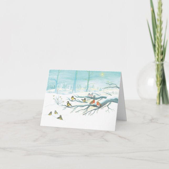 Great Tit Birds, Red Robins & Winter Snowy Forest Holiday Card (Front)