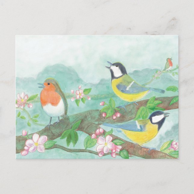 Great Tit Birds Singing on a Blossoming Tree Postcard (Front)