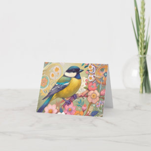 Great Tit Chickadee Bird Colourful Floral Flowers Card