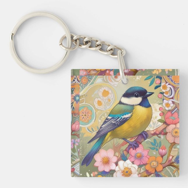 Great Tit Chickadee Bird Colourful Floral Flowers Key Ring (Front)