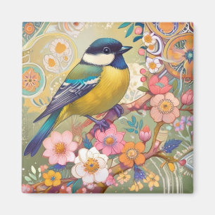Great Tit Chickadee Bird Colourful Floral Flowers Magnet