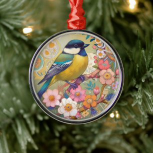 Great Tit Chickadee Bird Colourful Floral Flowers Metal Ornament