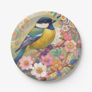 Great Tit Chickadee Bird Colourful Floral Flowers Paper Plate
