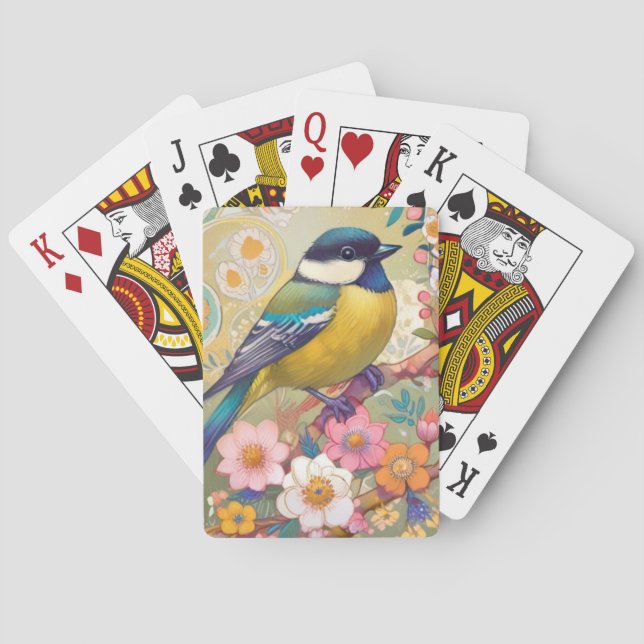 Great Tit Chickadee Bird Colourful Floral Flowers Playing Cards (Back)