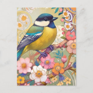 Great Tit Chickadee Bird Colourful Floral Flowers Postcard