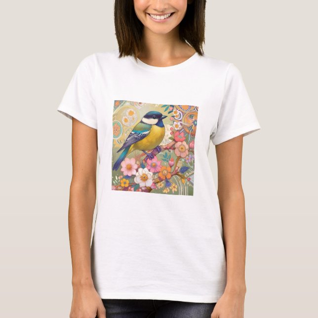Great Tit Chickadee Bird Colourful Floral Flowers T-Shirt (Front)
