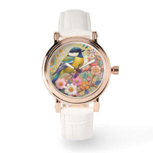Great Tit Chickadee Bird Colourful Floral Flowers Watch