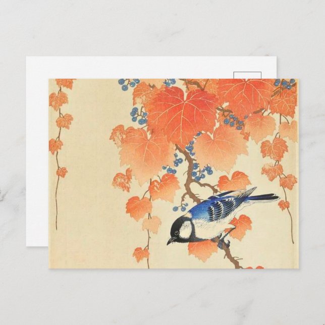 Great tit on paulownia branch - Ohara Koson Postcard (Front/Back)