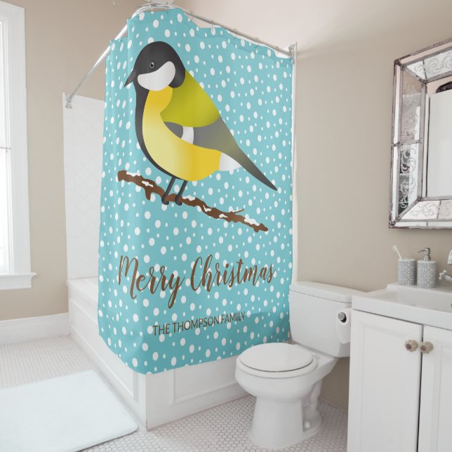 Great Tit Parus Major Custom Family Name Christmas Shower Curtain (In Situ)