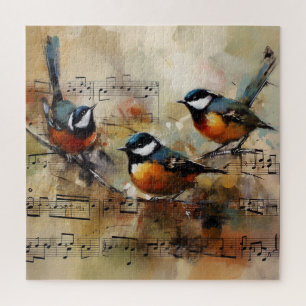 Great Titmouse bird painted on partiture Jigsaw Puzzle