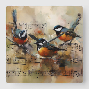 Great Titmouse bird painted on partiture Square Wall Clock