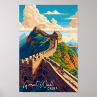 Great Wall China Art vintage travel illustration