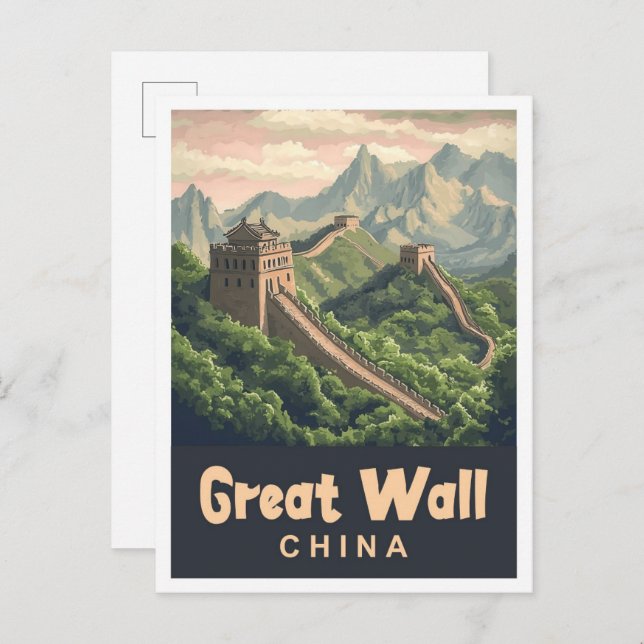 Great Wall China Vintage Travel Illustration Postcard (Front/Back)