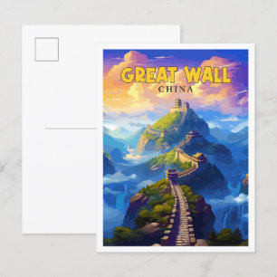 Great Wall China vintage travel illustration Postcard