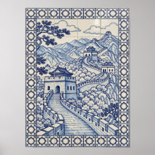 Great Wall of China Blue Portuguese Azulejo Art Poster