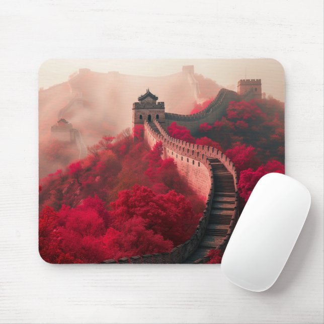 Great Wall of China in Autumn – Scenic Red Mouse Pad (With Mouse)