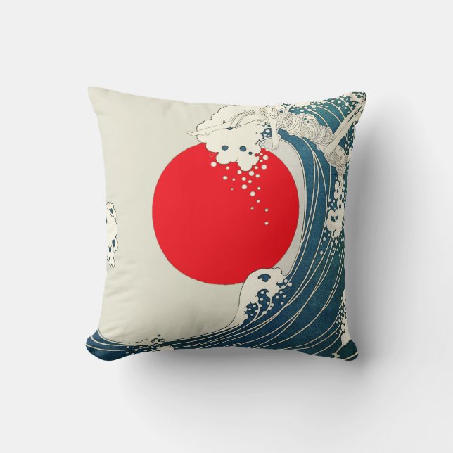 GREAT WAVE AND RED SUN Blue White Nautical Cushion (Front)
