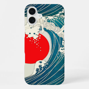 GREAT WAVE AND RED SUN Blue White Nautical iPhone 16 Plus Case