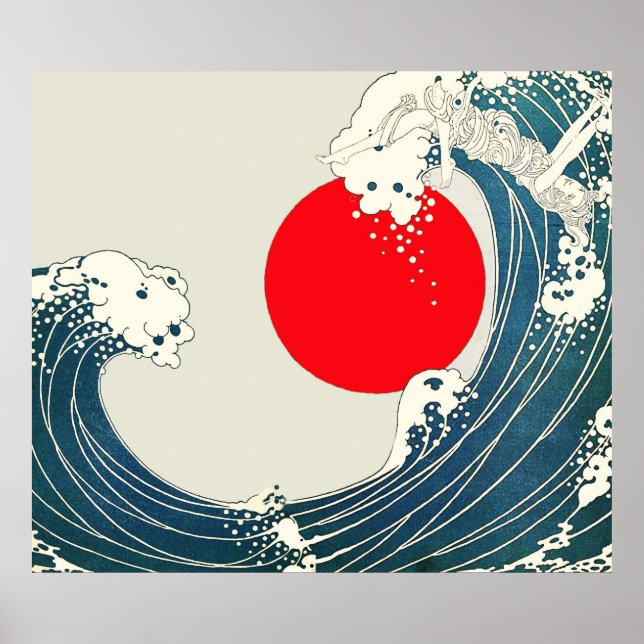 GREAT WAVE AND RED SUN Blue White Nautical Poster (Front)