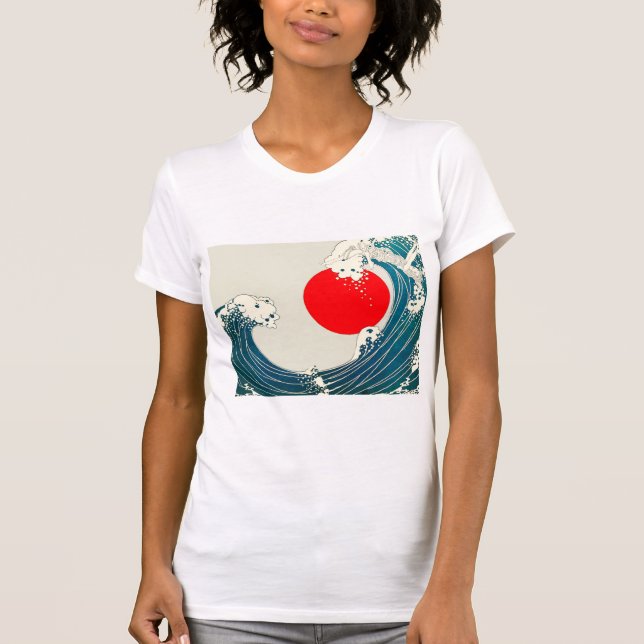 GREAT WAVE AND RED SUN Blue White Nautical T-Shirt (Front)