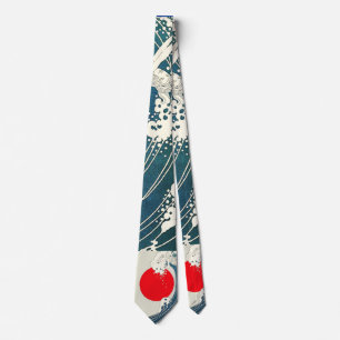 GREAT WAVE AND RED SUN Blue White Nautical Tie