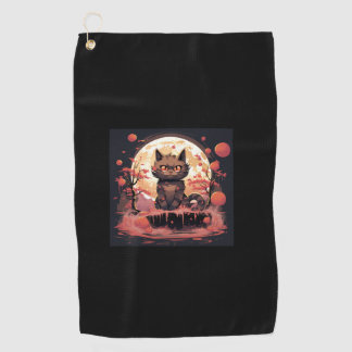 Great Wave and Sakura_ Halloween Black Cat Art Golf Towel